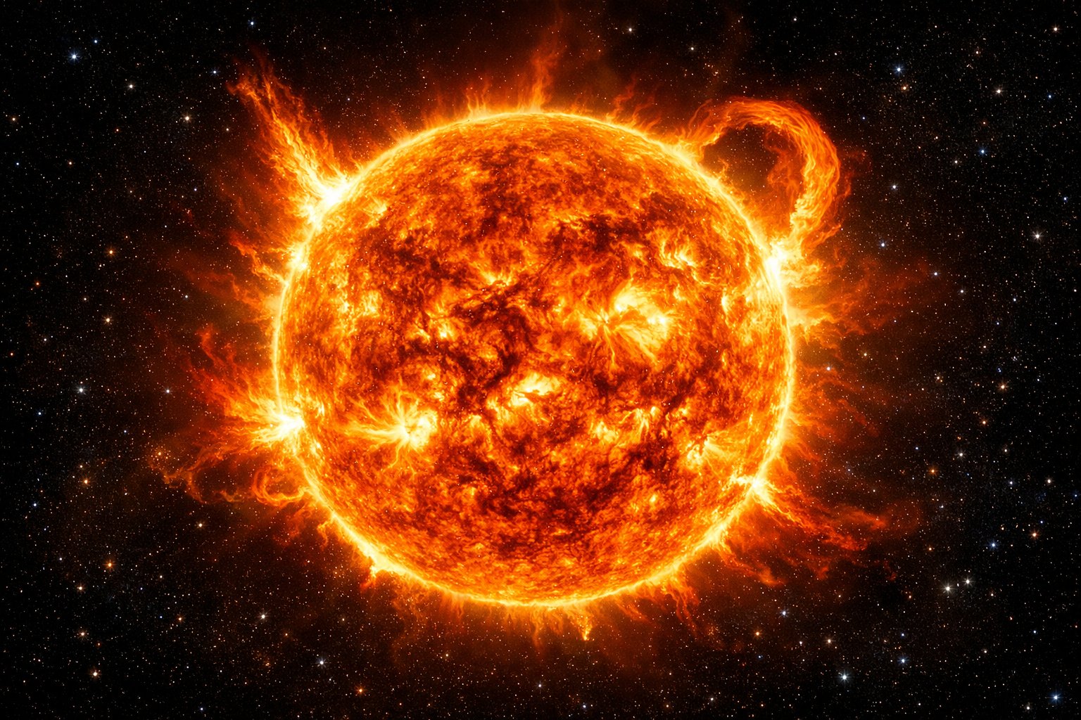 Slika Sunca u svemiru s vidljivim solarim bakljama i plamenovima na njegovoj površini.