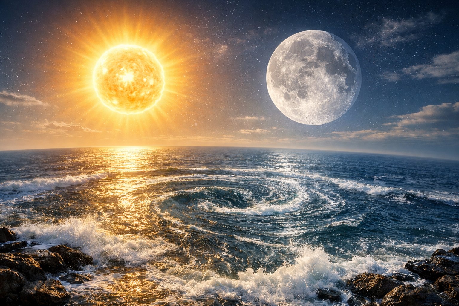 Sunce i Mjesec iznad oceana pokazuju kako kontroliraju plimu i oseku na Zemlji.