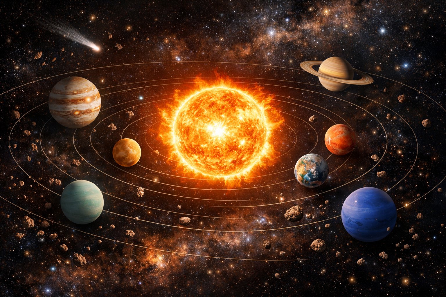 Sunce u sredini sa osam planeta i mnogim manjim objektima koji orbitiraju oko njega u svemiru.