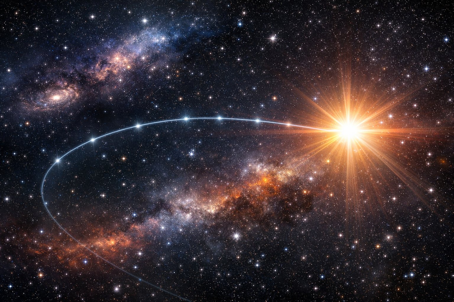 Prikaz svemira s sjajnom zvijezdom i digitalnim prikazom putanje svjetlosti koja ilustrira svjetlosnu godinu.