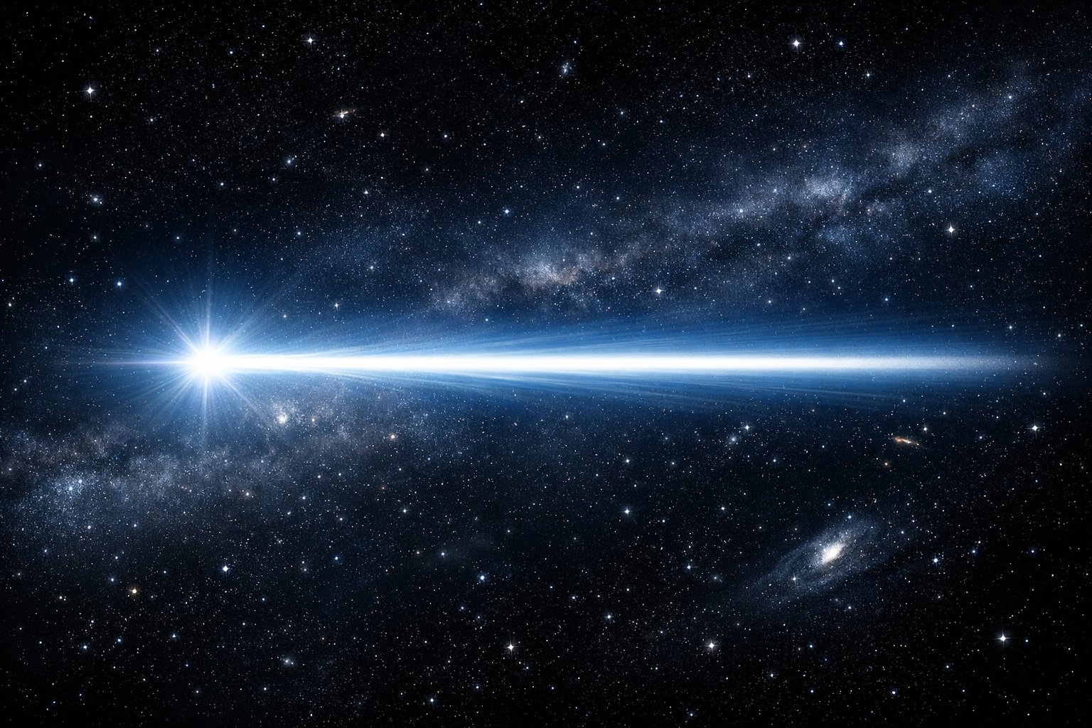Svemir s blistavim snopom svjetlosti koji putuje kroz tamni prostor prepun zvijezda i galaksija.