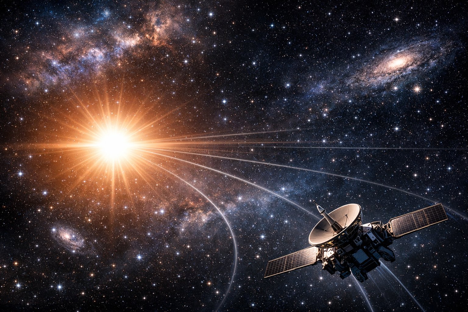 Prikaz zvjezdanog neba s udaljenim galaksijama i svijetlom zvijezdom te svemirskim brodom u prvom planu.