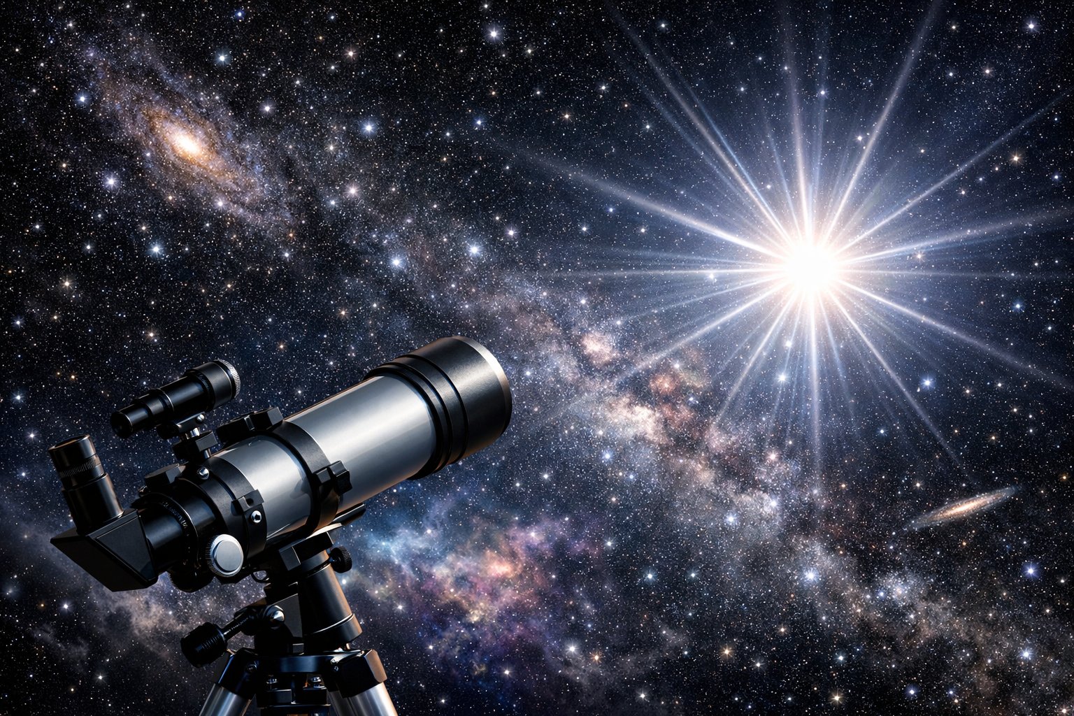 Teleskop usmjeren prema zvjezdanom nebu s blistavom zvijezdom i udaljenim galaksijama u pozadini.
