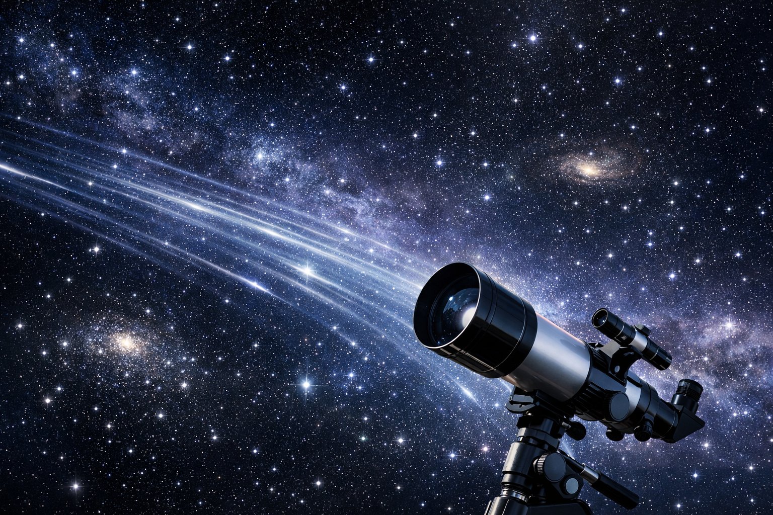 Pogled na teleskop usmjeren prema zvjezdanoj svemirskoj pozadini s udaljenim galaksijama i svjetlosnim zrakama.
