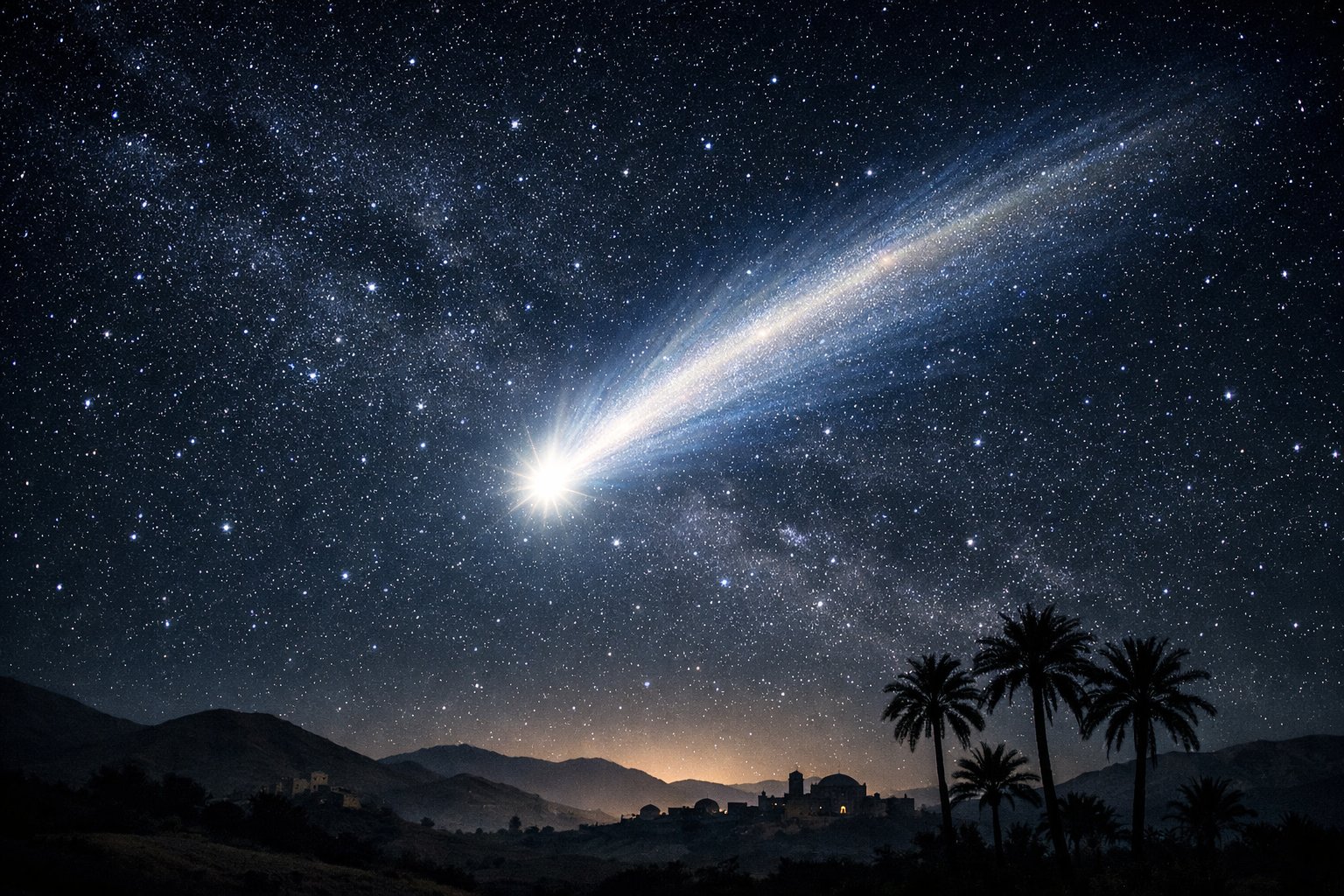 Noćno nebo s vidljivom zvijezdom repaticom iznad siluete drevnog krajolika s palmama.