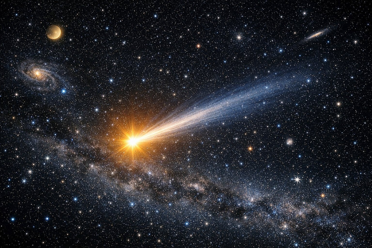 Svijetla kometa s dugim sjajnim repom na noćnom nebu punom zvijezda i planeta.