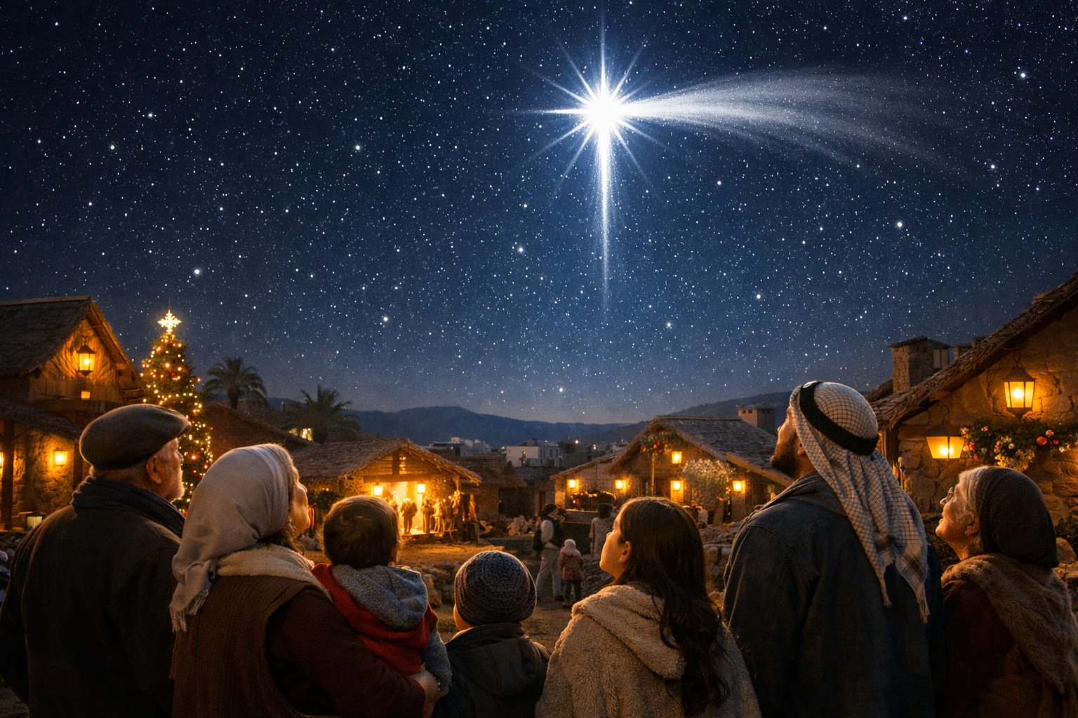 Noćno nebo s blistavom zvijezdom repaticom iznad mirnog sela s ljudima koji gledaju prema nebu.