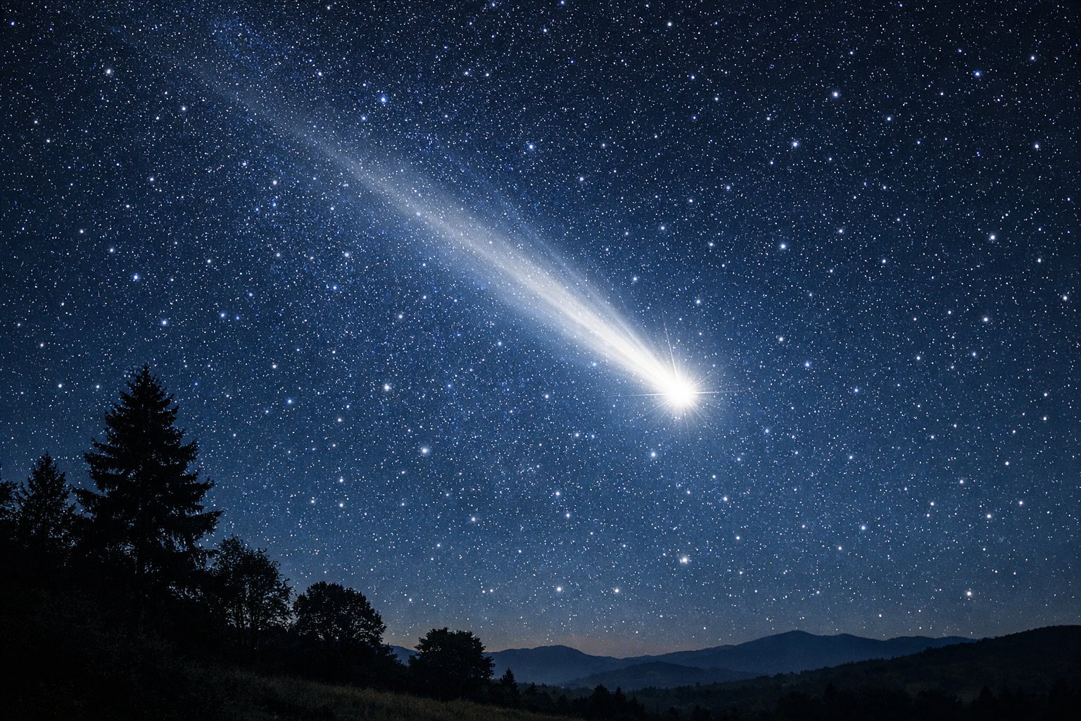 Noćno nebo s vidljivom sjajnom zvijezdom repaticom iznad mirnog krajolika s drvećem i blagim brežuljcima.