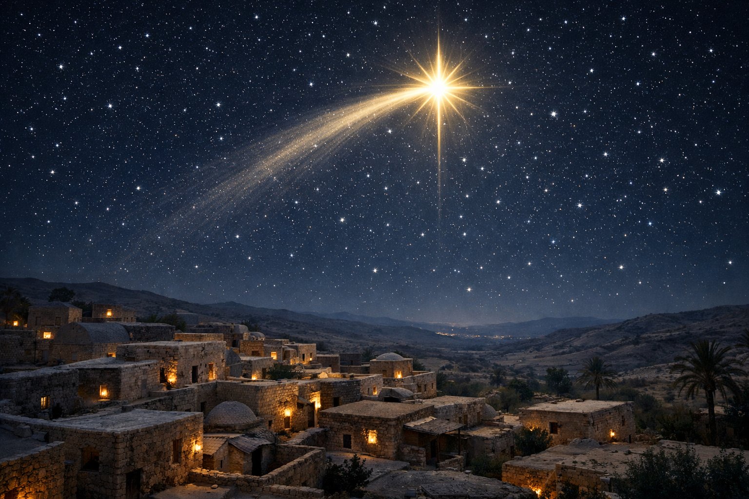 Svijetla zvijezda repatica na noćnom nebu iznad mirnog drevnog sela s kamenim kućama i pustinjskim krajolikom.