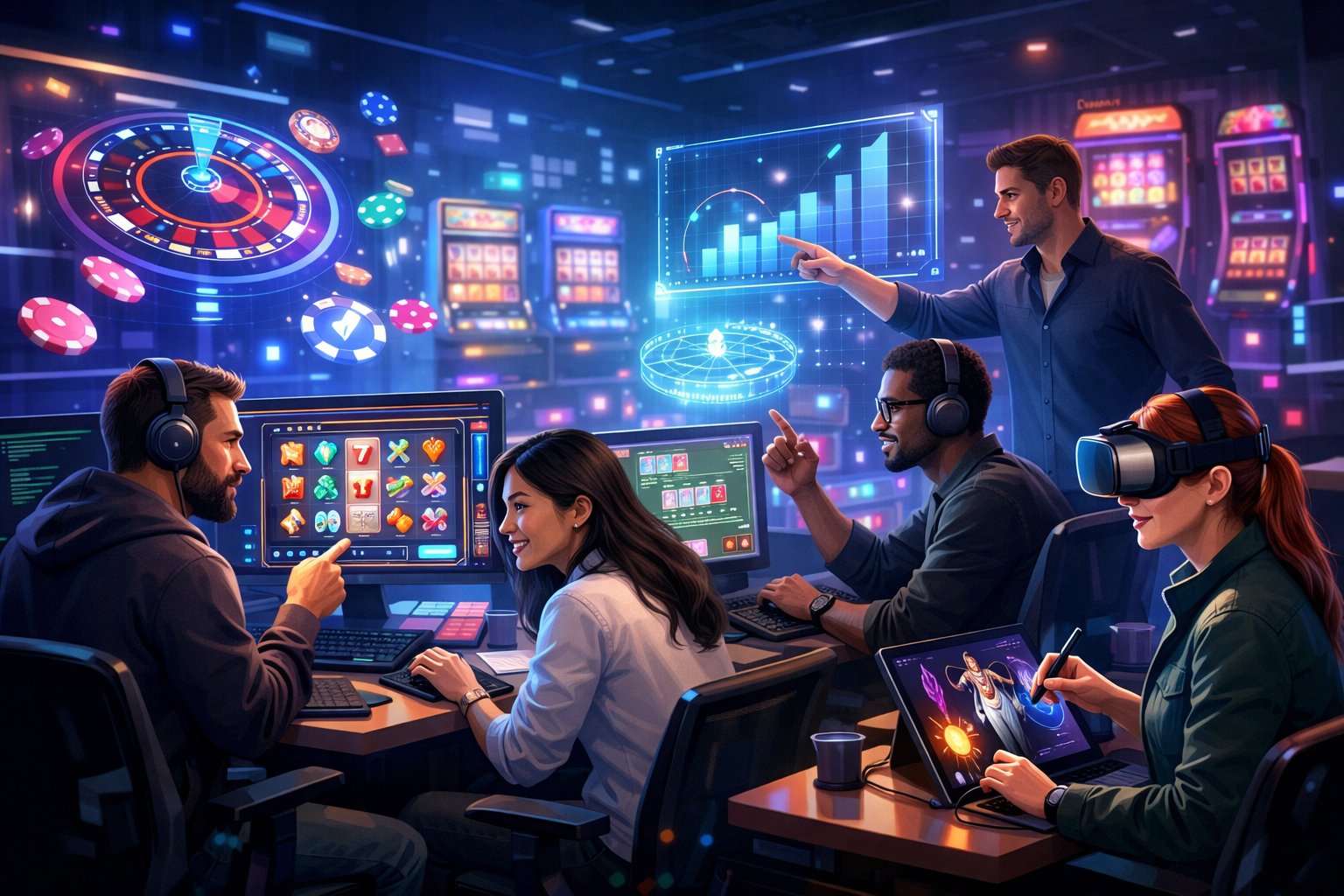 A Team Of Developers Working Together In A HighTech Office With Computer Screens Showing Casino Games And Digital Casino Elements Around Them.