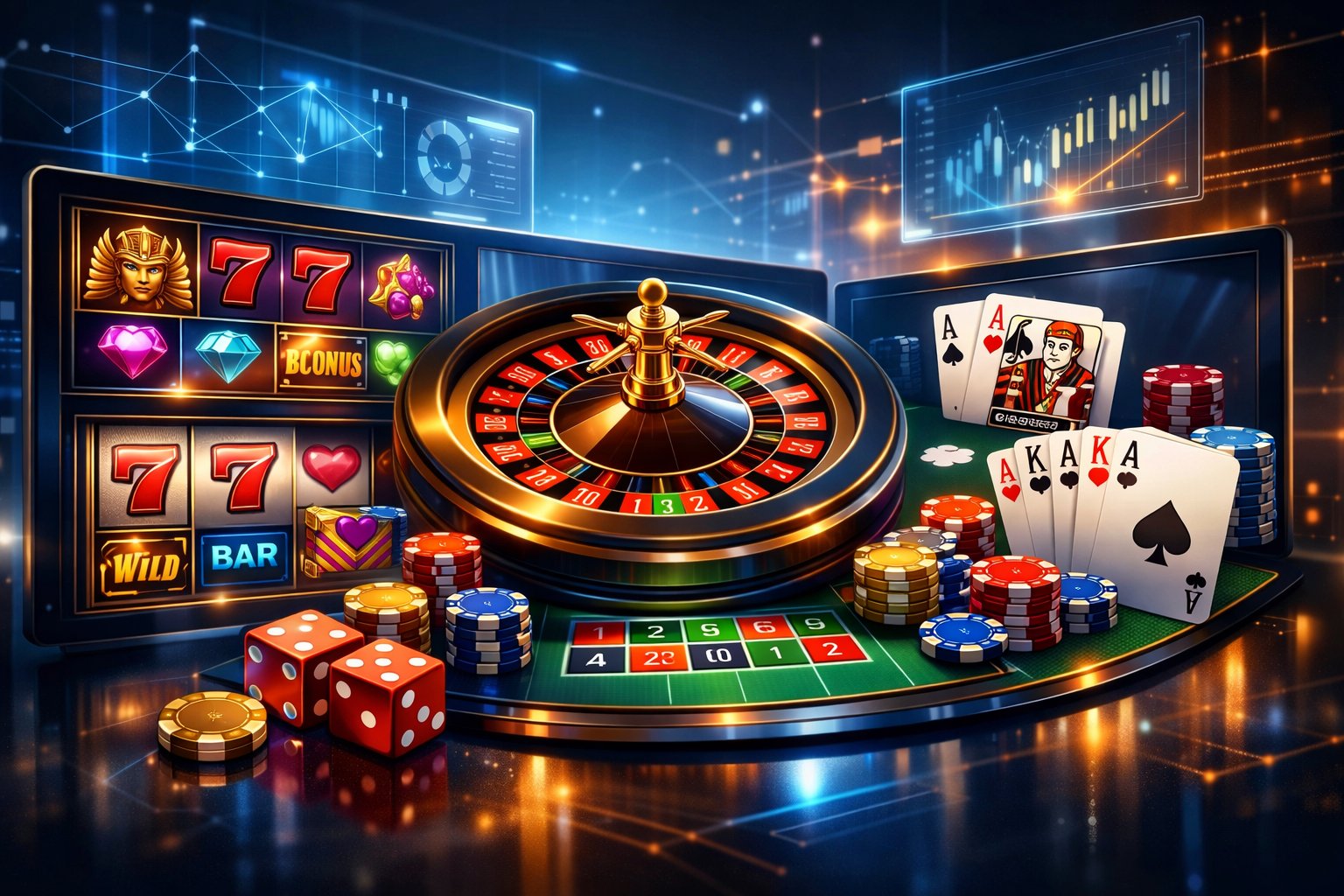 A Digital Interface Showing A Variety Of Casino Games Including Slot Machines, Roulette, And Card Games With Futuristic Technology Elements In The Background.