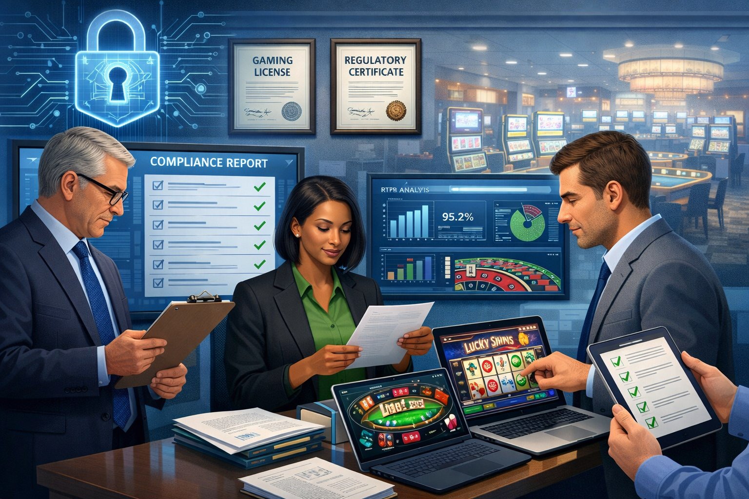Business Professionals Reviewing Casino Game Interfaces And Compliance Documents In A Modern Office Setting With Symbols Of Security And Regulation.