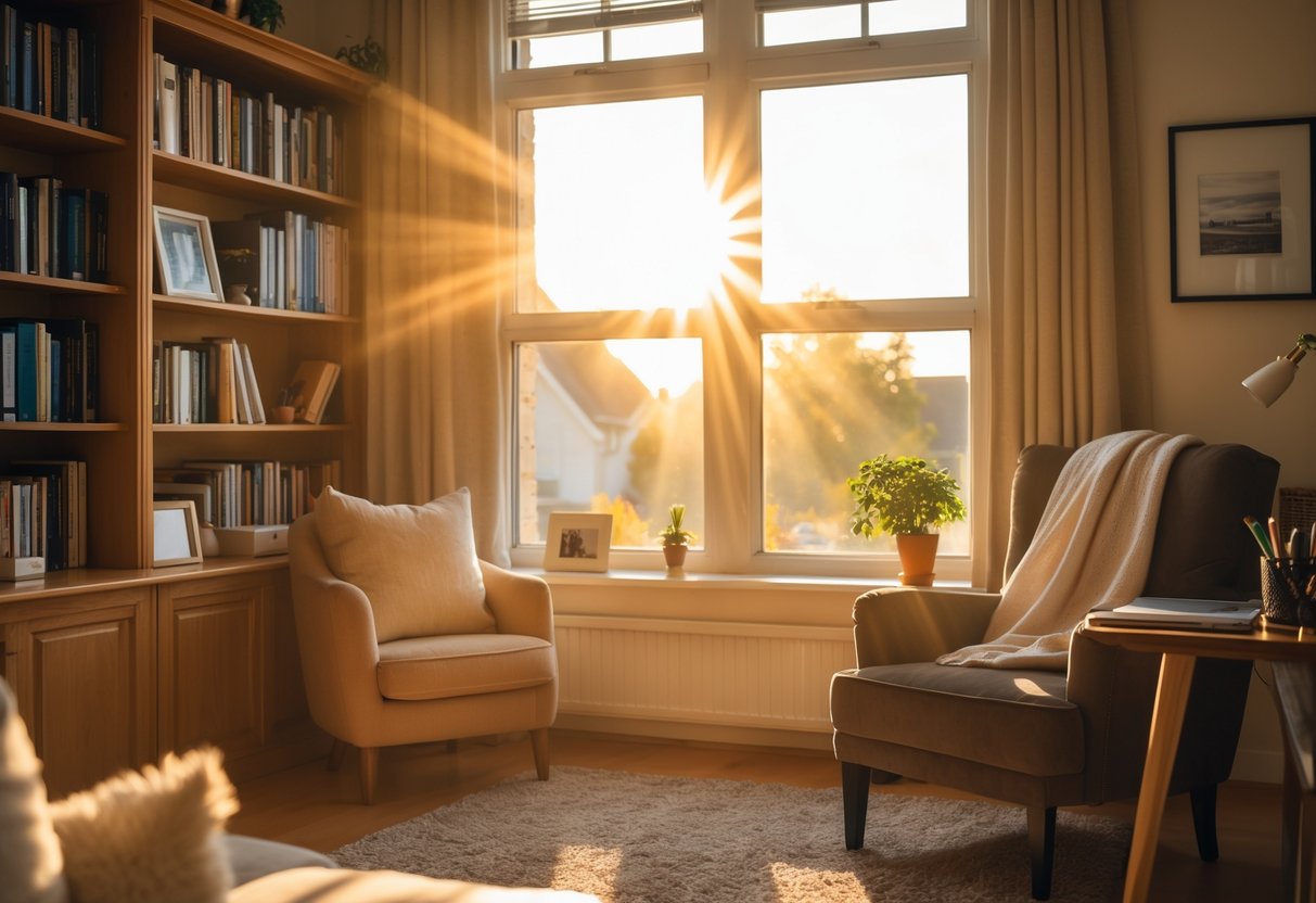 Sunlight streaming through a window into a cozy room with a bookshelf, armchair, and indoor plant.