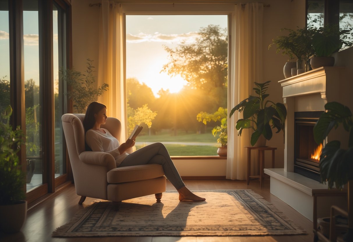 A person sitting comfortably in a cozy home interior near a window with sunlight streaming in, surrounded by plants and warm wooden furniture.