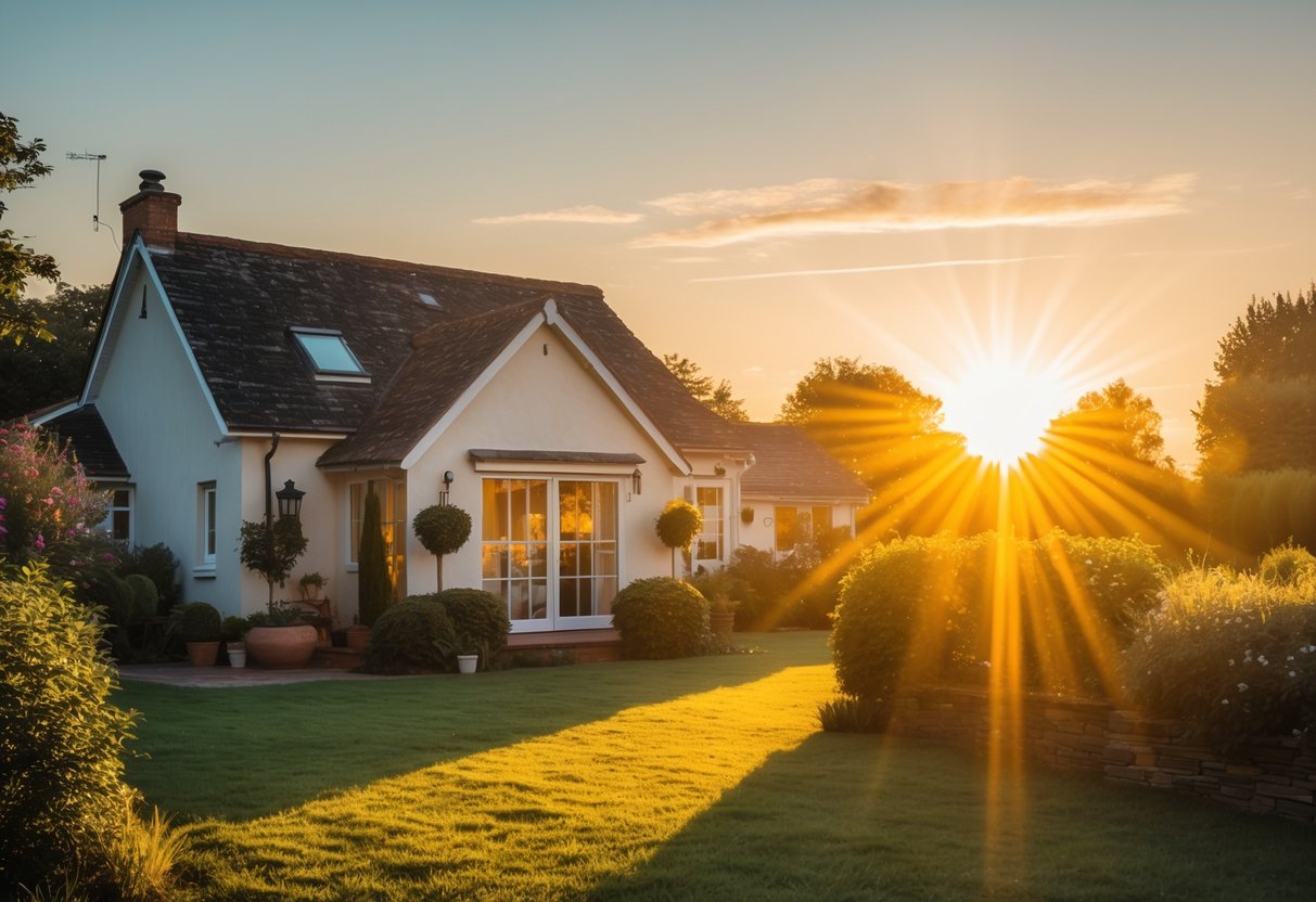 A warm sun shining over a cozy house surrounded by greenery during golden hour.