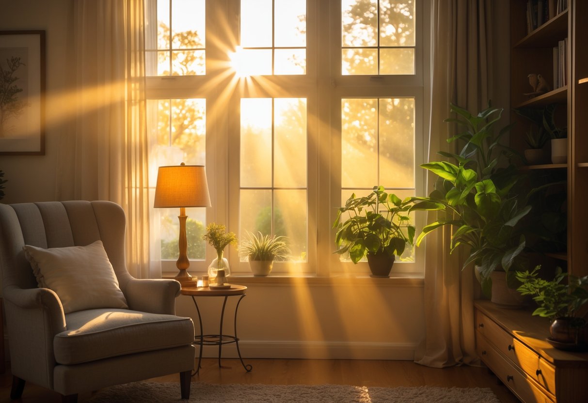 A sunlit cozy living room corner with an armchair, side table, and houseplants near a large window.