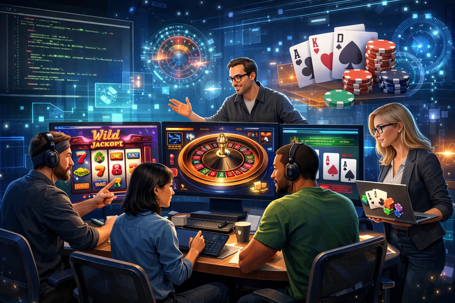 A Team Of Developers Working Together Around Screens Showing Casino Game Graphics In A HighTech Workspace.