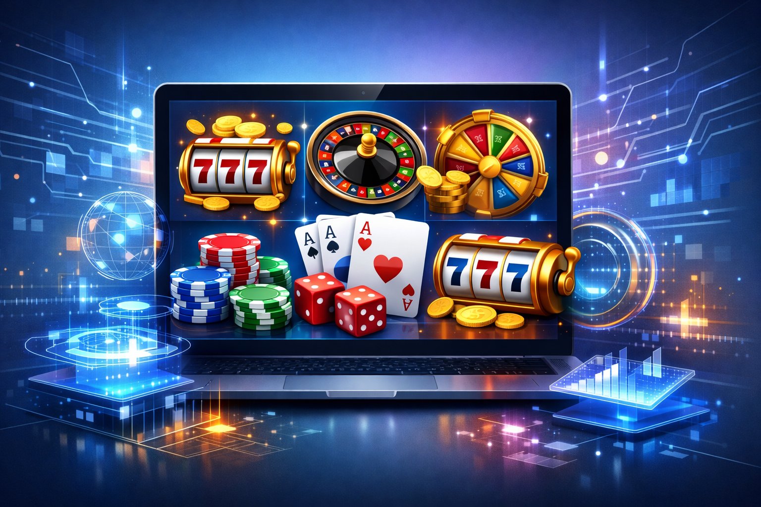 A Digital Device Displaying Various Casino Game Icons Like Poker Chips, Slot Machines, And Roulette Wheels Surrounded By Abstract Digital And Technological Elements.
