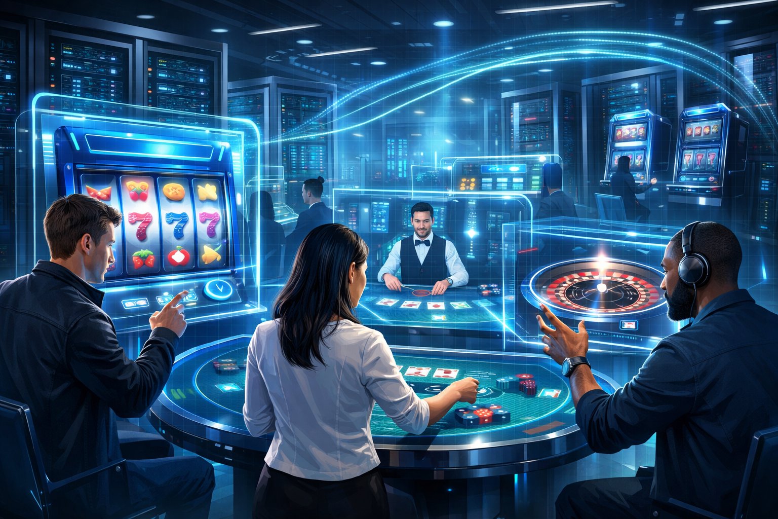 A Modern Digital Casino Scene With Players Interacting With Futuristic Slot Machines And Holographic Screens, Surrounded By Technology And Data Streams.