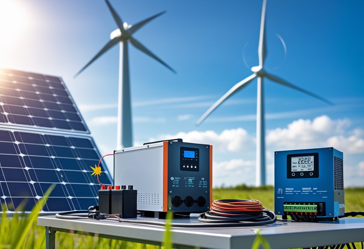 Close-up of solar panels, a wind turbine, and essential electrical components like an inverter, batteries, and wiring arranged together outdoors.