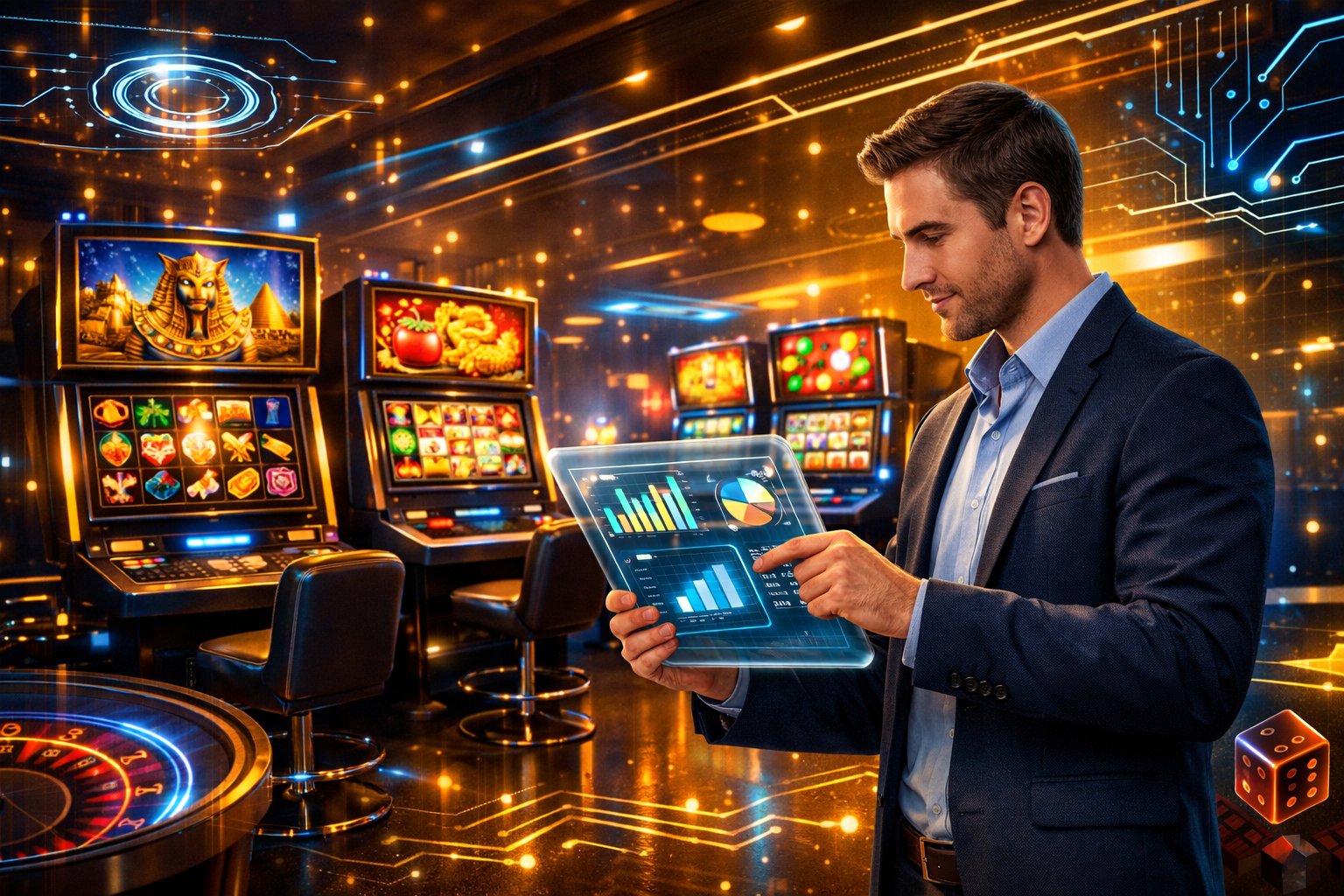 A Person Reviewing Casino Game Data On A Digital Tablet In A Modern Casino Room With Colorful Gaming Machines And Glowing Technology Elements.