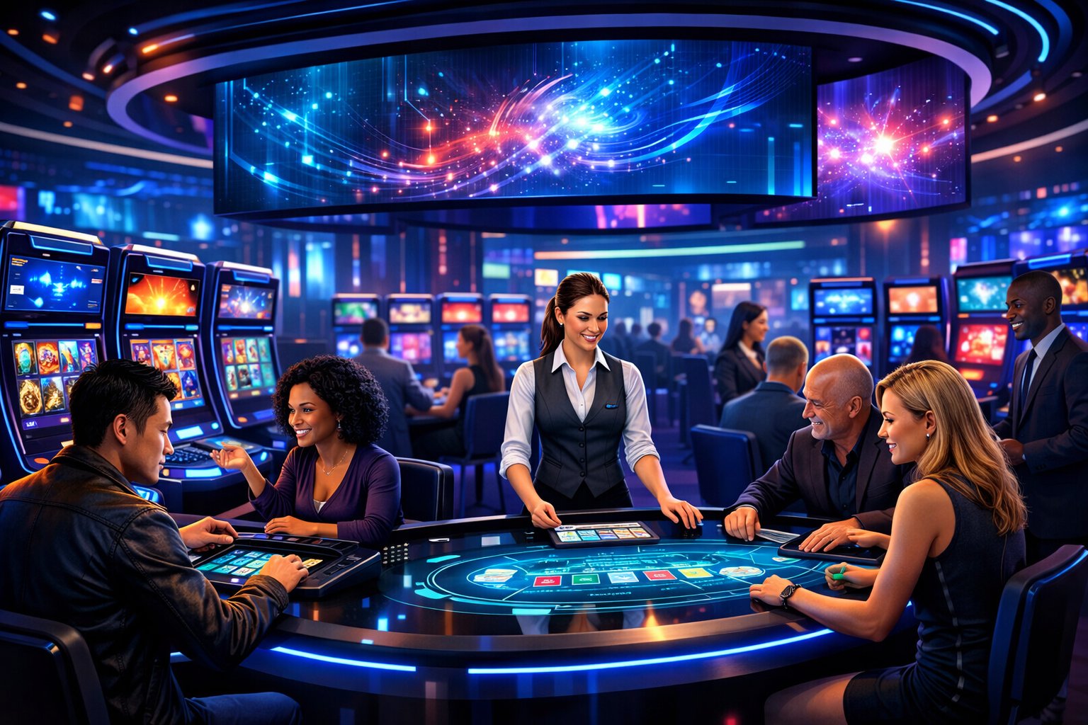 A Casino Floor With Players And Staff Interacting Around Slot Machines And Gaming Tables, Featuring Digital Screens With Colorful Abstract Graphics.