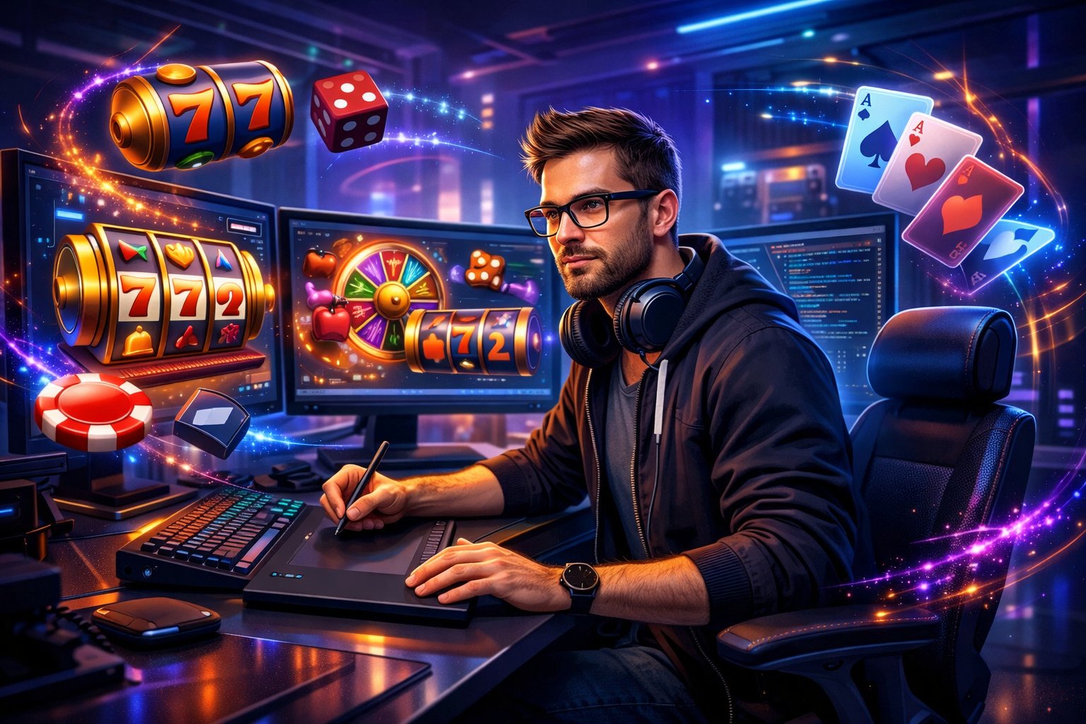 A Developer Working At A HighTech Workstation Surrounded By Screens Showing Casino Game Graphics And Code, With Gaming Elements Like Slot Reels And Cards Floating Nearby In A Futuristic Office Setting.