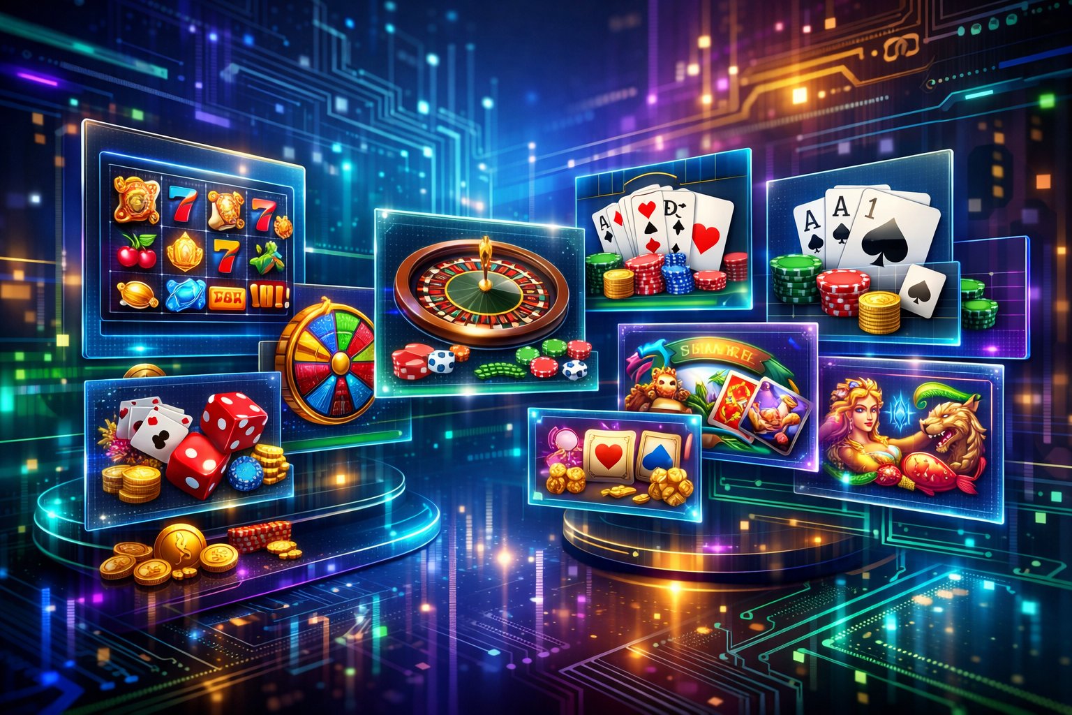 A Futuristic Casino Setting Showing Multiple Digital Screens With Various Casino Games Like Slots, Poker, Roulette, And Blackjack Displayed.