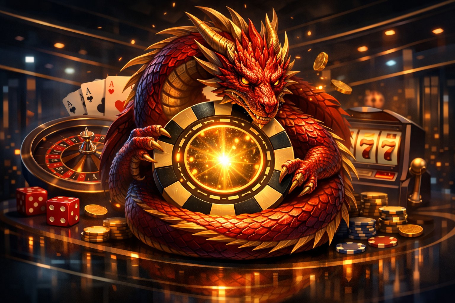 A Majestic Dragon Coiled Around A Glowing Casino Chip With Playing Cards, Dice, And Roulette Elements In A Sleek Casino Environment.