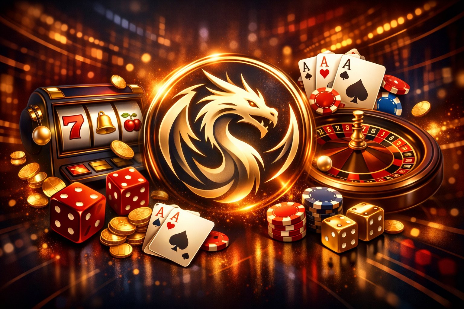 A Casino Scene Featuring A Glowing Dragon Emblem Surrounded By Slot Machine Reels, Playing Cards, Dice, And Roulette Wheels With Vibrant Lighting And Digital Patterns.
