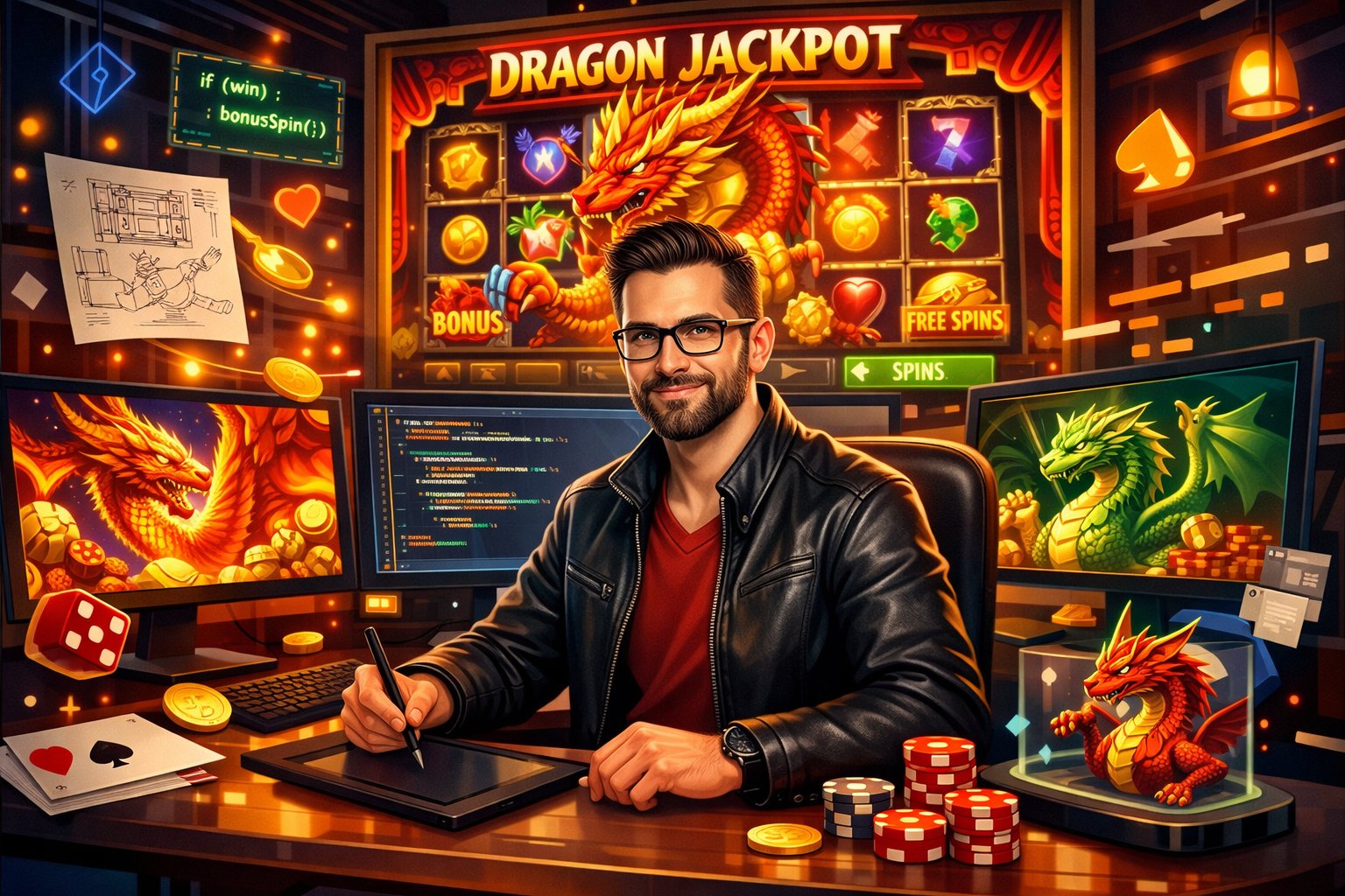 A Developer Working At A Desk With Multiple Screens Showing DragonThemed Casino Game Graphics And Digital Design Elements In A HighTech Workspace.