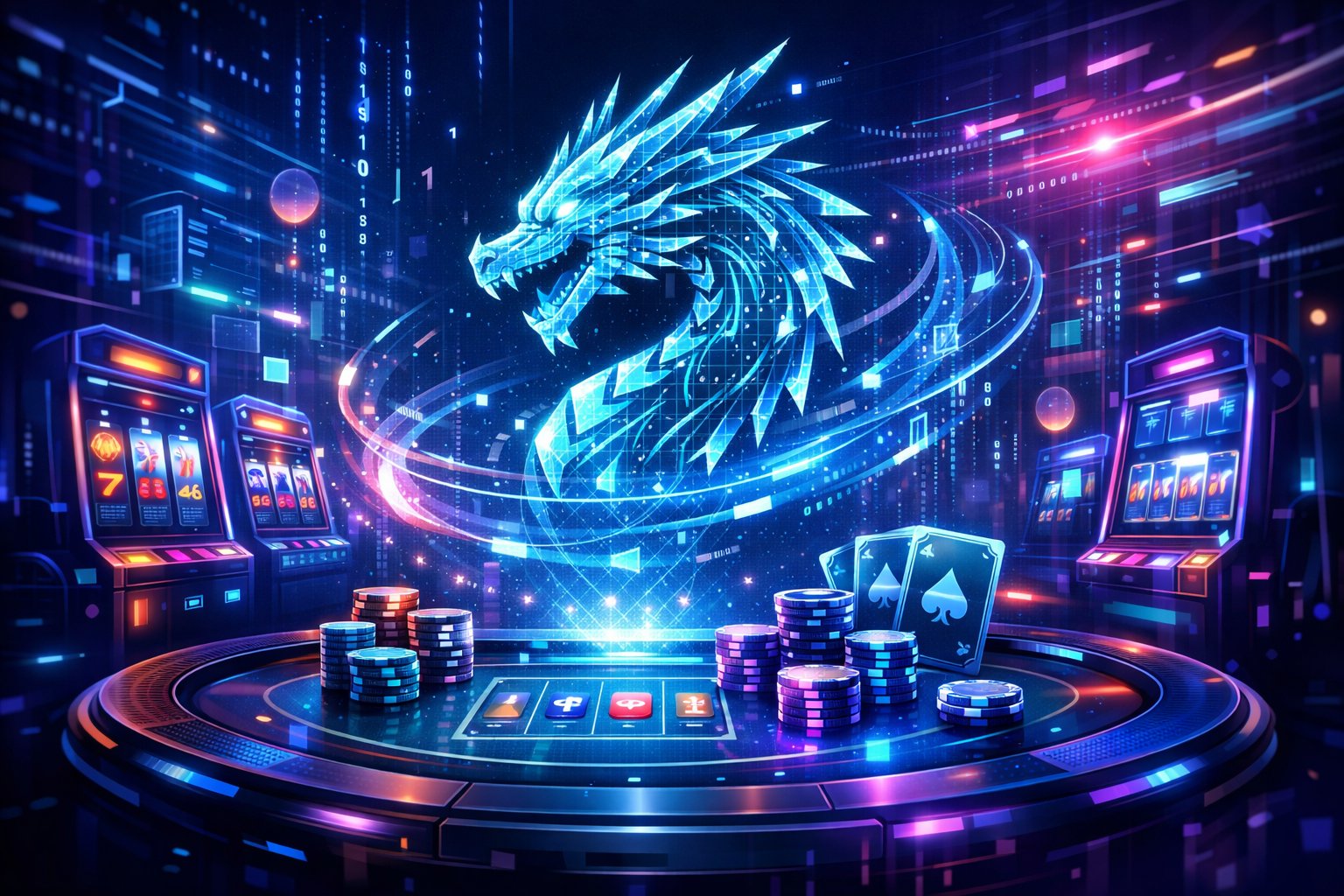 A Futuristic Digital Casino Scene Featuring A Glowing Dragon Made Of Circuits Hovering Over A Gaming Table With Virtual Slot Machines And Poker Chips Surrounded By Abstract Data Streams.