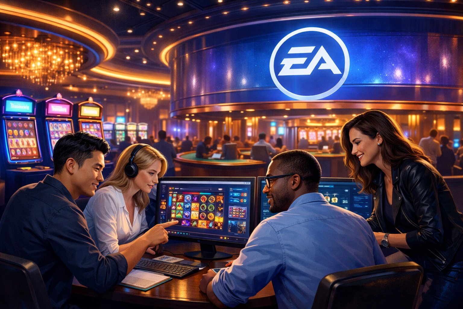A Modern Casino Floor With Digital Slot Machines And Card Tables, Showing A Diverse Group Of Game Developers Working Together With Computer Screens Displaying Game Designs.
