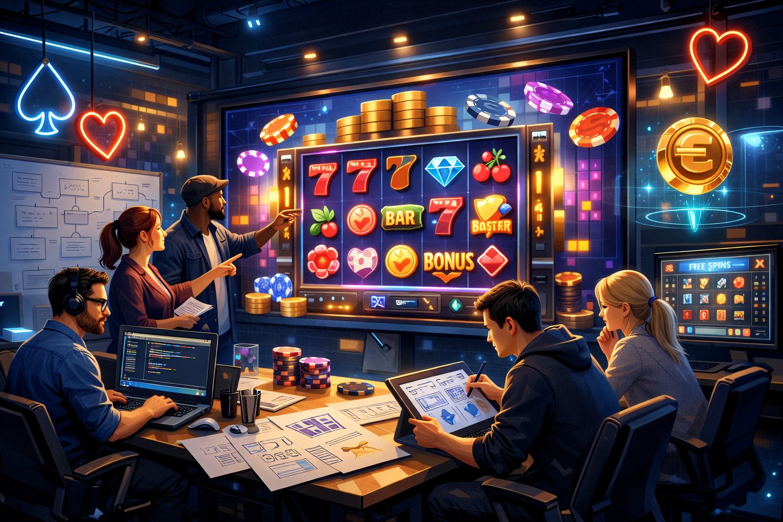 A Team Of Diverse Game Developers Collaborating In A Modern Office With Digital Screens Showing Casino Game Graphics Like Slot Reels And Poker Chips.