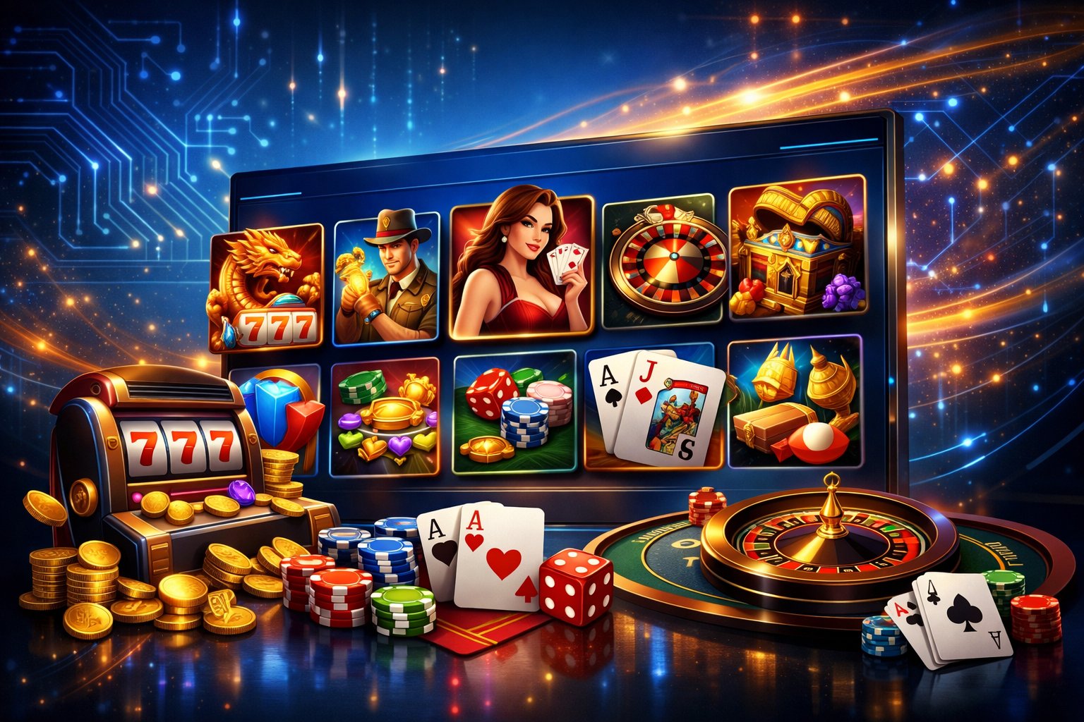 A Digital Interface Displaying A Variety Of Casino Games Including Slots, Poker, Roulette, And Blackjack With Abstract Elements Symbolizing Technology And Connectivity.
