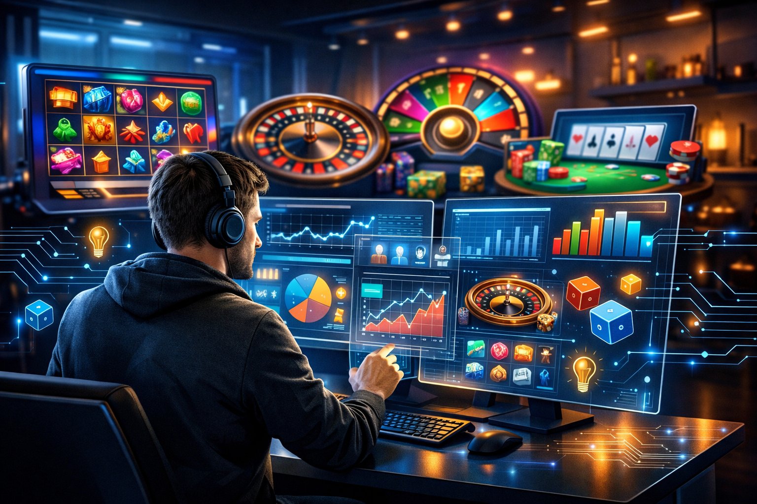 A Developer Working At A HighTech Desk Surrounded By Digital Casino Game Interfaces And Data Screens In A Modern Office Setting.