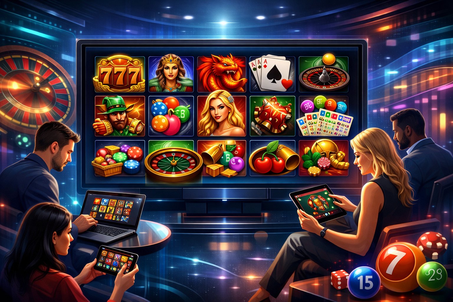 A Digital Casino Gaming Scene Showing Various Casino Game Icons And Diverse Players Using Multiple Devices In A Modern Setting.