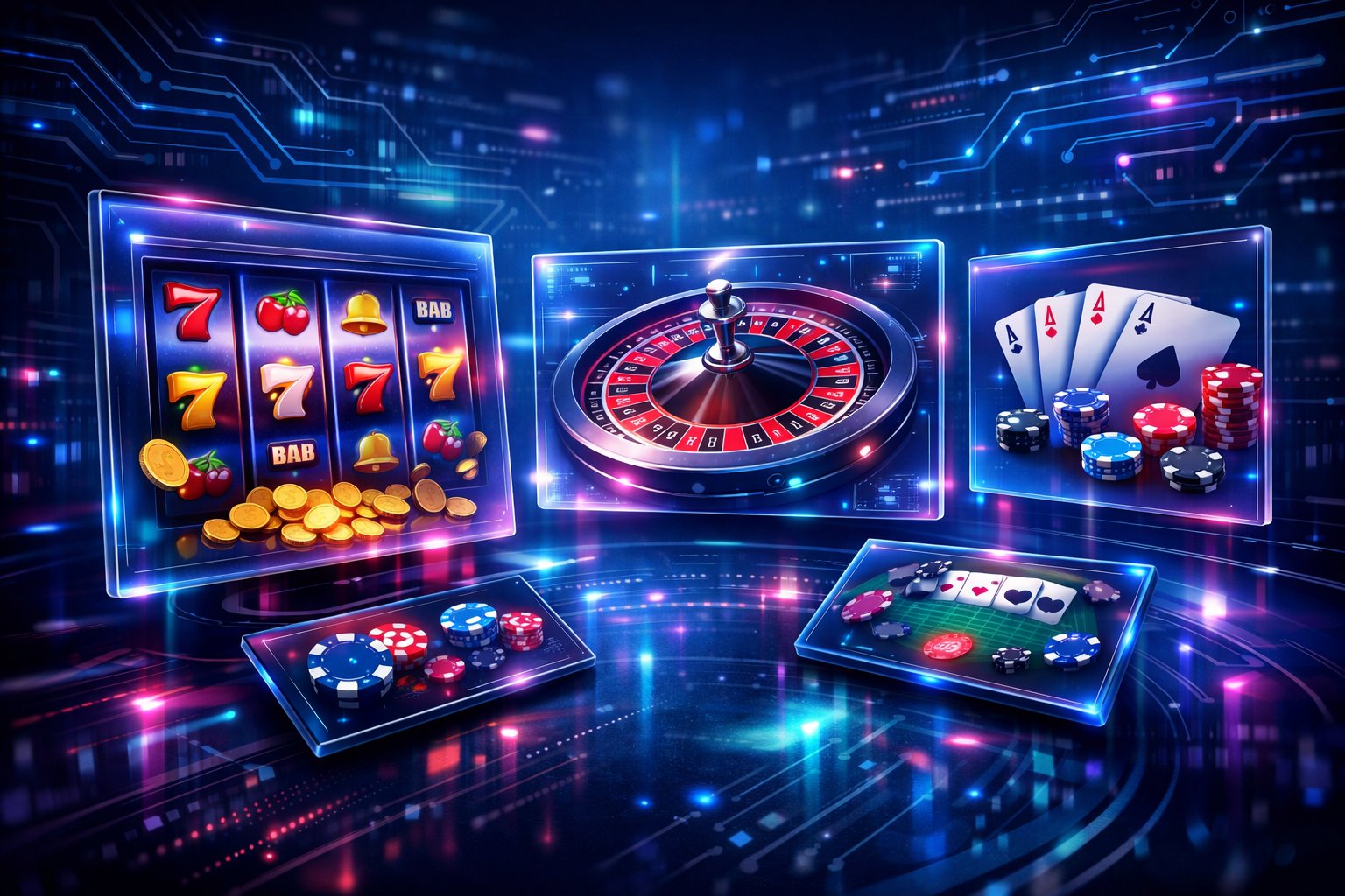 A Futuristic Digital Interface Displaying Casino Game Elements Like Slot Machines, Cards, And Roulette Wheels With Abstract Technology Patterns In The Background.