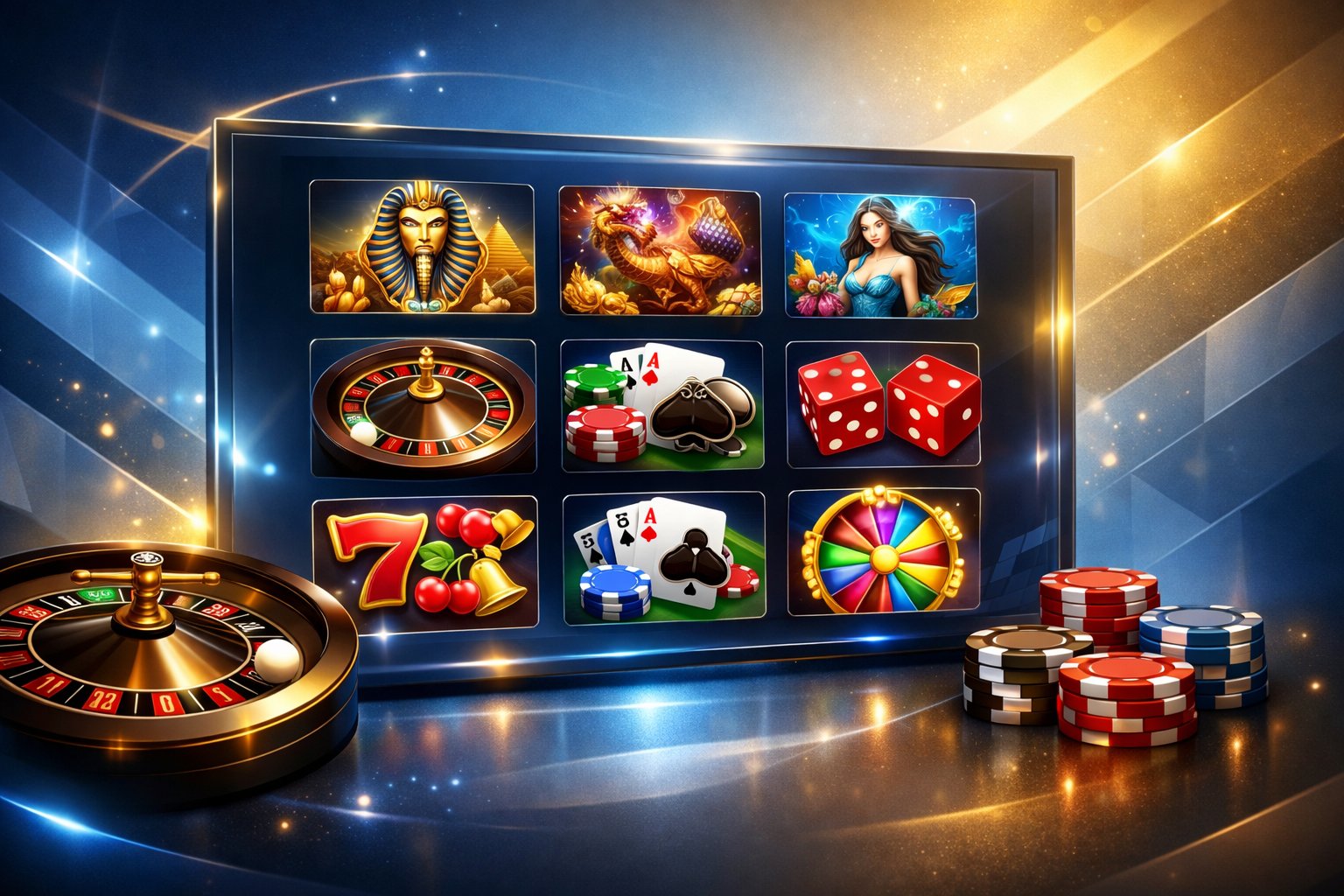 A Digital Interface Showing A Variety Of Colorful Casino Game Icons Including Slot Machines, Cards, Roulette, And Dice Arranged In A Clean, Modern Layout.