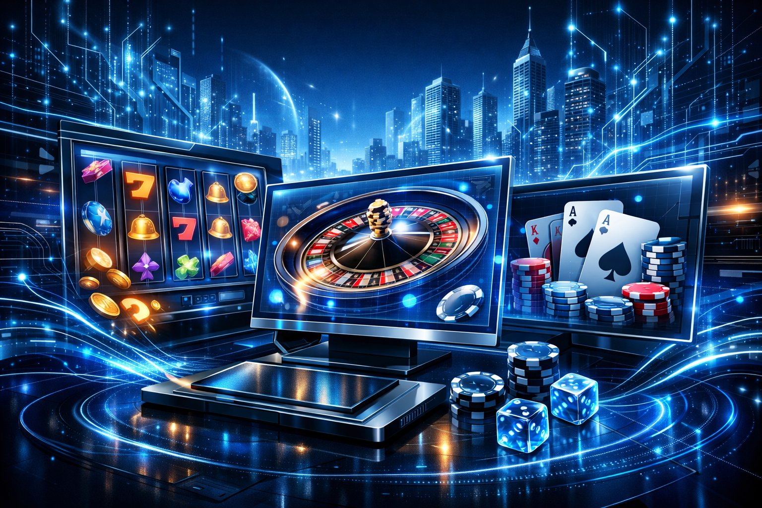 A Modern Digital Gaming Setup With Transparent Screens Showing Casino Game Elements, Set Against A Futuristic Cityscape With Glowing Circuits And Digital Grids.