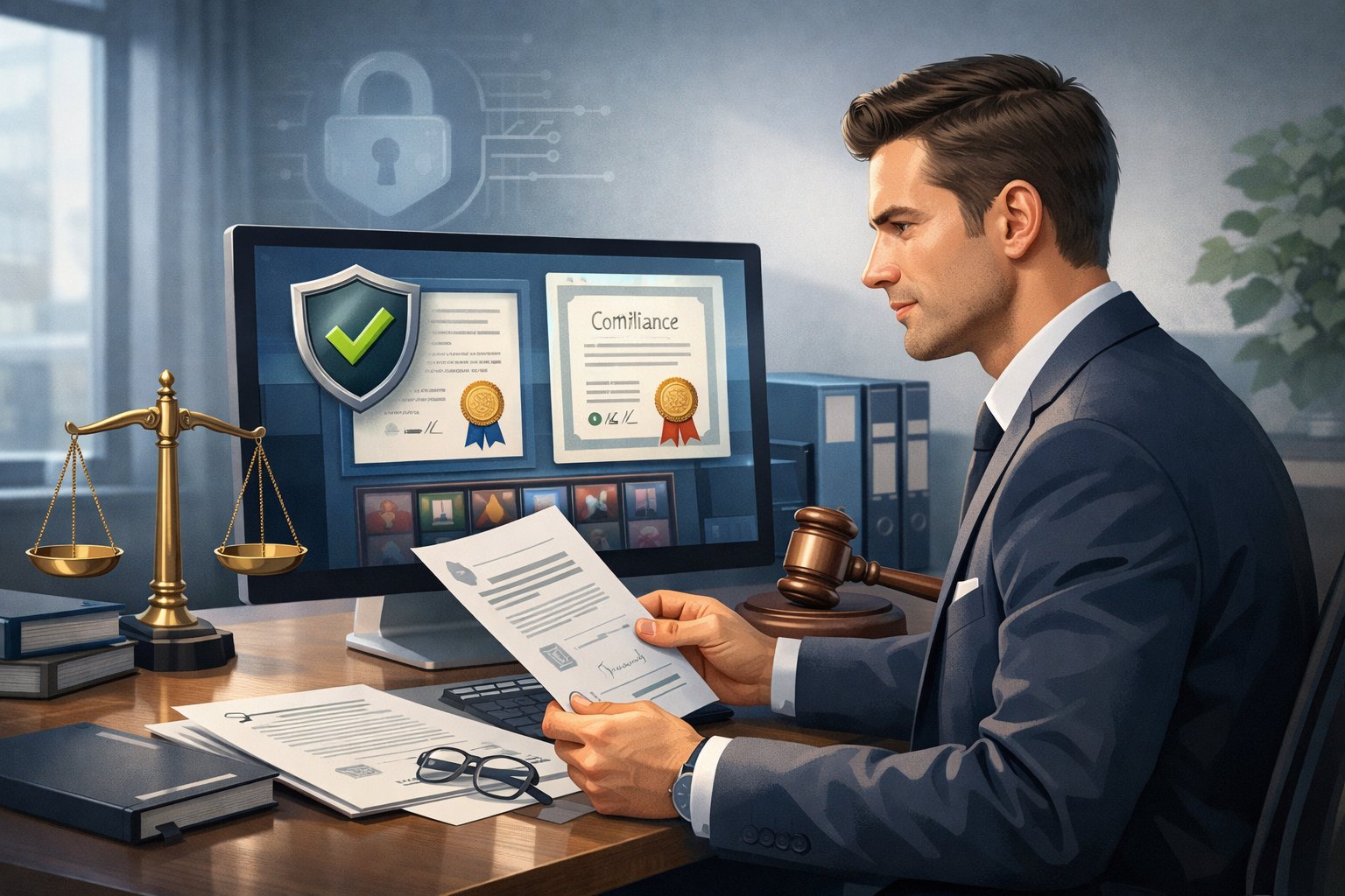 A Business Professional Reviewing Official Documents And Digital Certificates In A Modern Office, Surrounded By Symbols Of Security And Regulation.