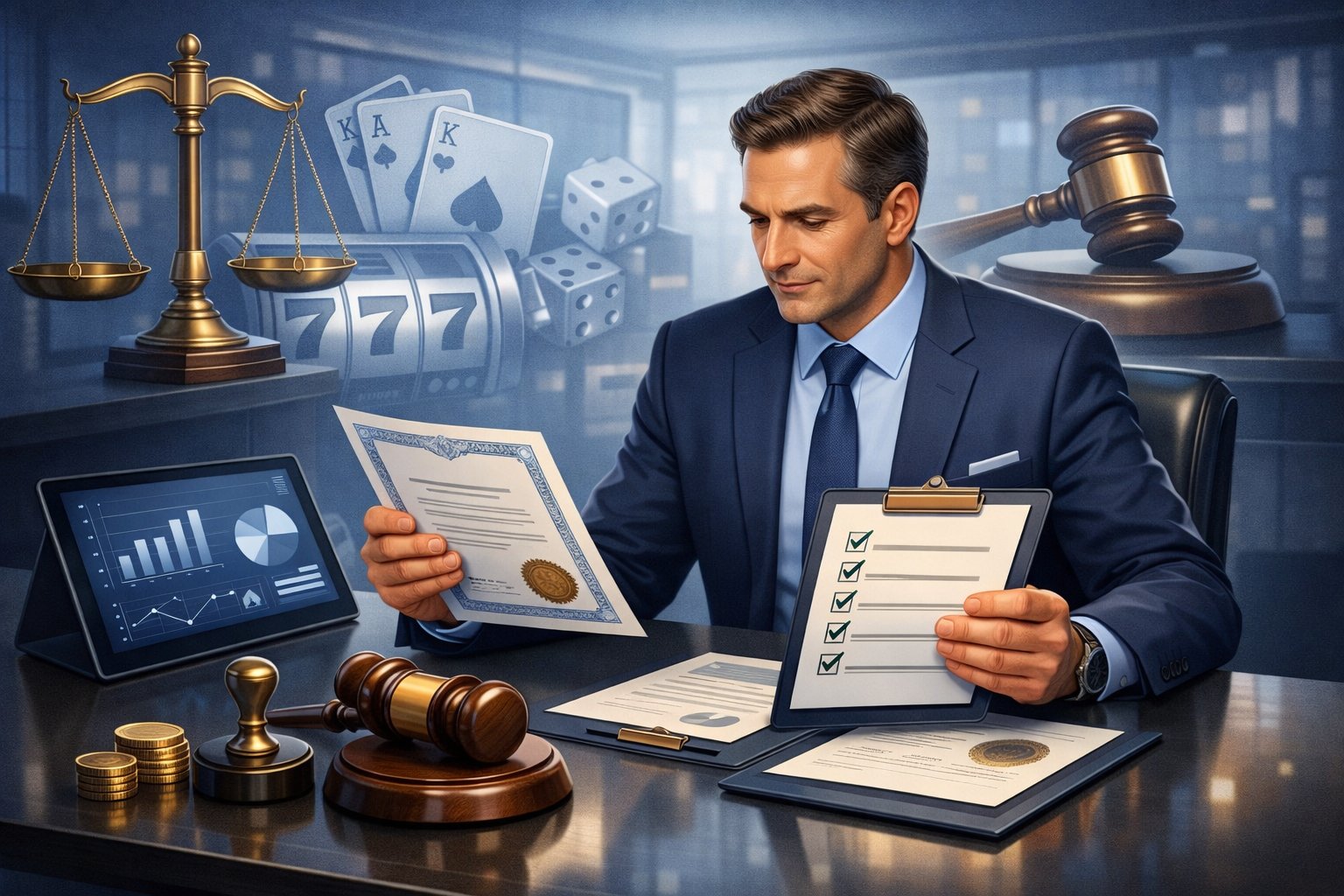 A Business Professional Reviewing Licensing Documents At A Desk With Digital Devices And CasinoRelated Symbols In The Background.