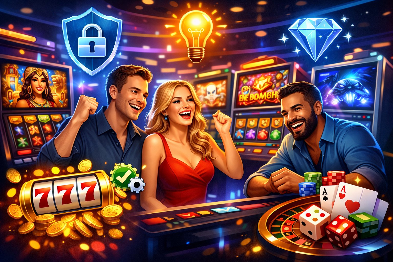 A Lively Casino Scene With People Enjoying Colorful Slot Machines And Digital Games, Highlighting Excitement And Positive Gaming Experience.