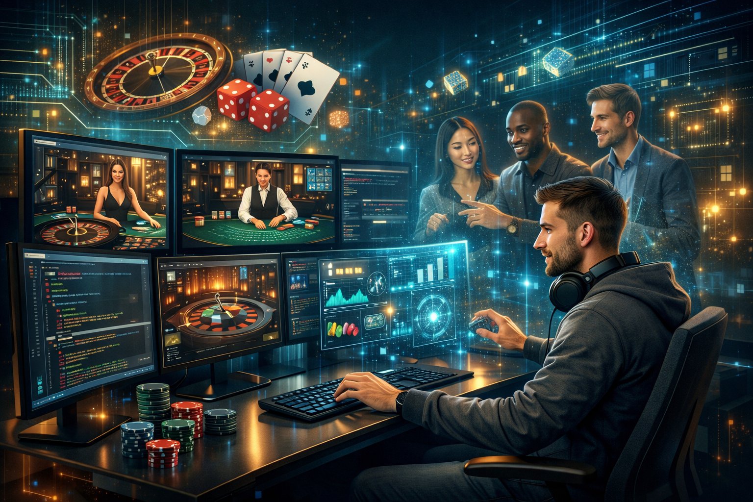 A Software Developer Working At A Computer Surrounded By Casino Game Visuals And Digital Elements Representing Innovation And Teamwork.