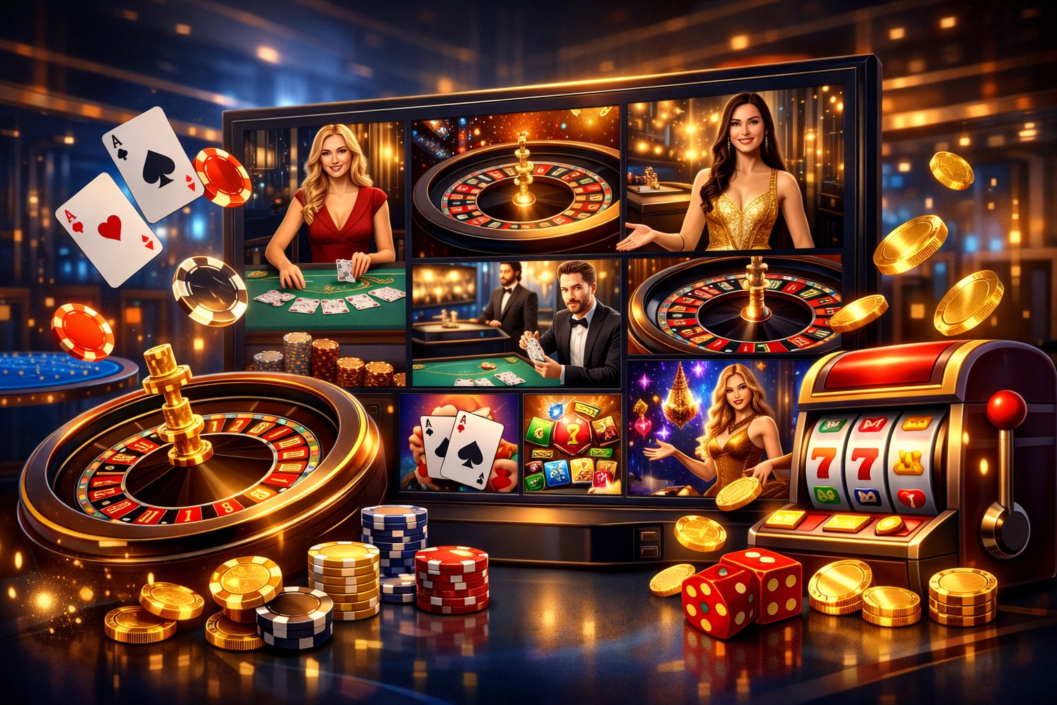 A Digital Display Showing A Variety Of Casino Games Including Roulette, Card Games, And Slot Machines In A Modern Casino Setting.