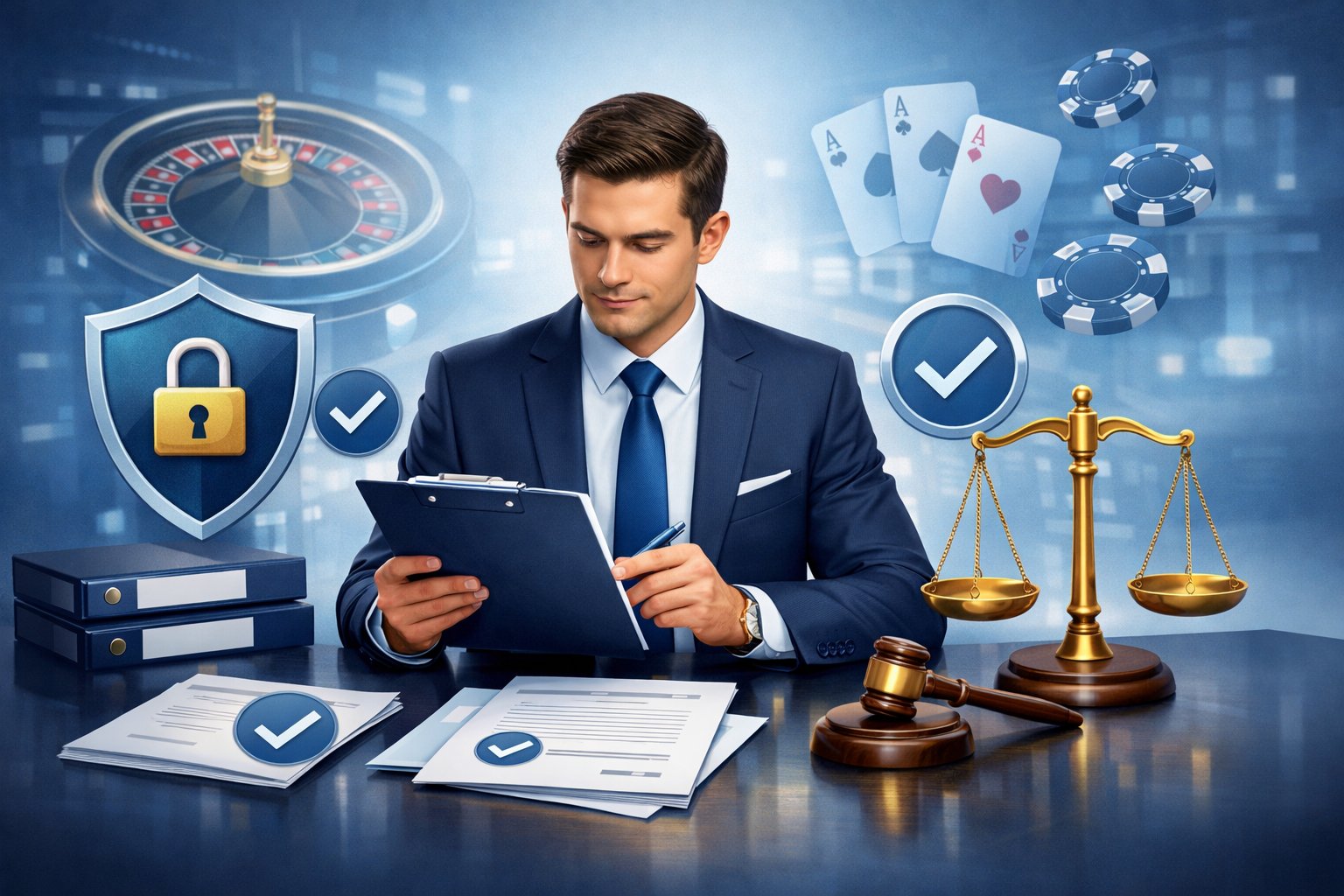 A Business Professional Reviewing Licensing Documents With Symbols Of Legal Compliance And Digital Casino Elements In A Modern Office Setting.