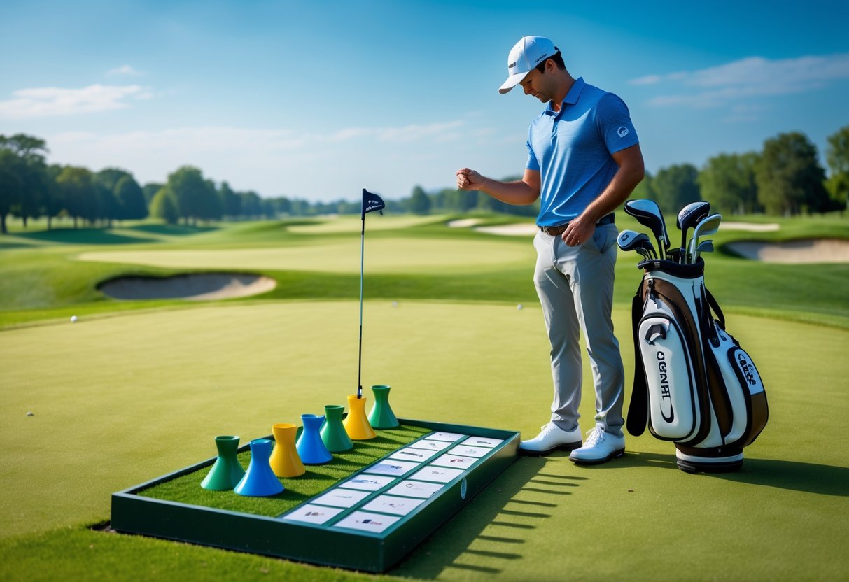 A beginner golfer choosing a golf tee on a green golf course with multiple colored tees visible and golf equipment nearby.