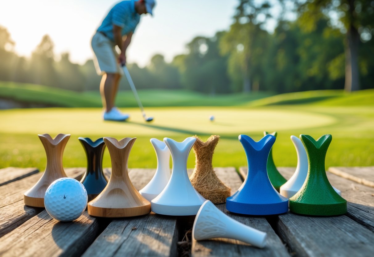 A variety of golf tees on a wooden surface with a golf ball nearby and a beginner golfer preparing to tee off on a sunny golf course.