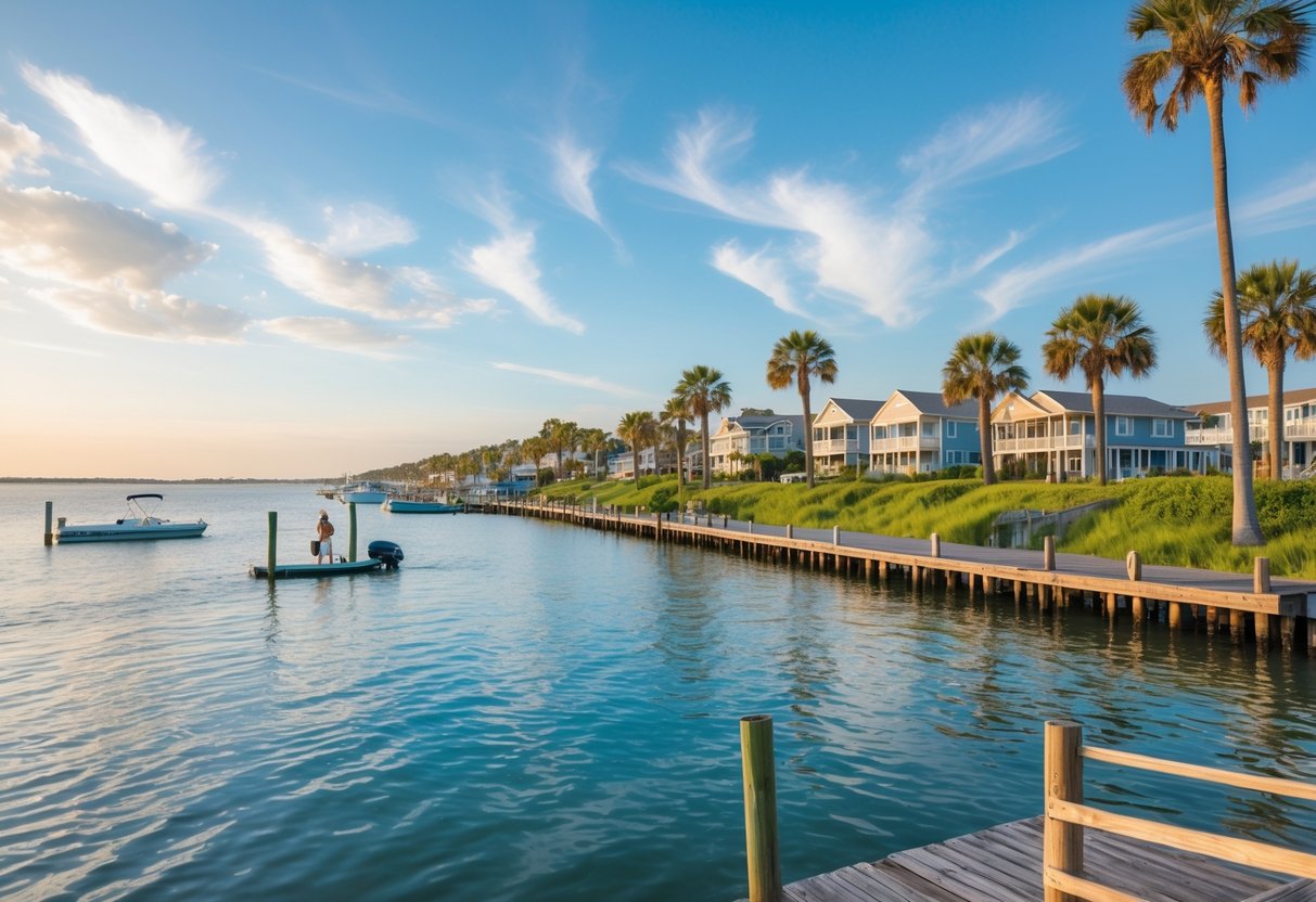 Calm waterfront scene in Long Beach, Mississippi with a wooden pier, boats, palm trees, and a clear sky.