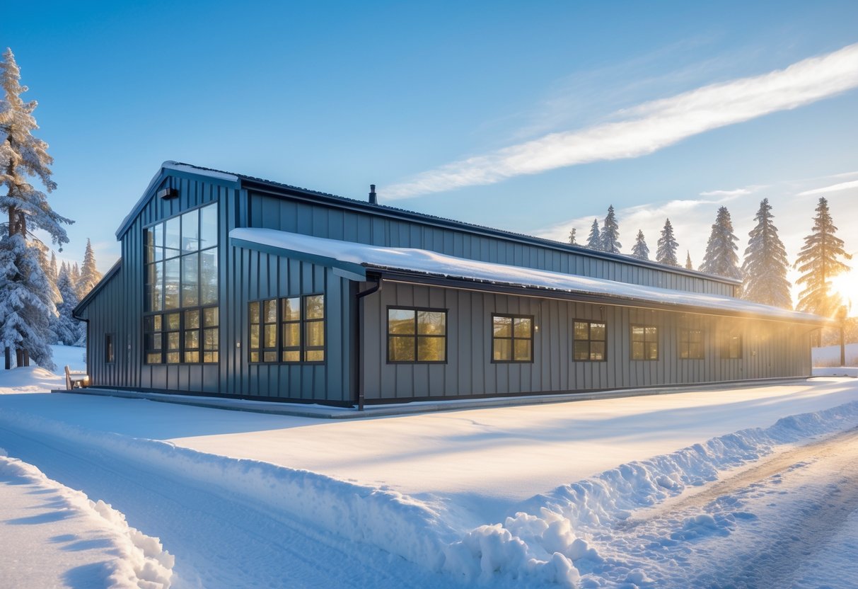 A steel building surrounded by snow and trees under a clear blue sky.